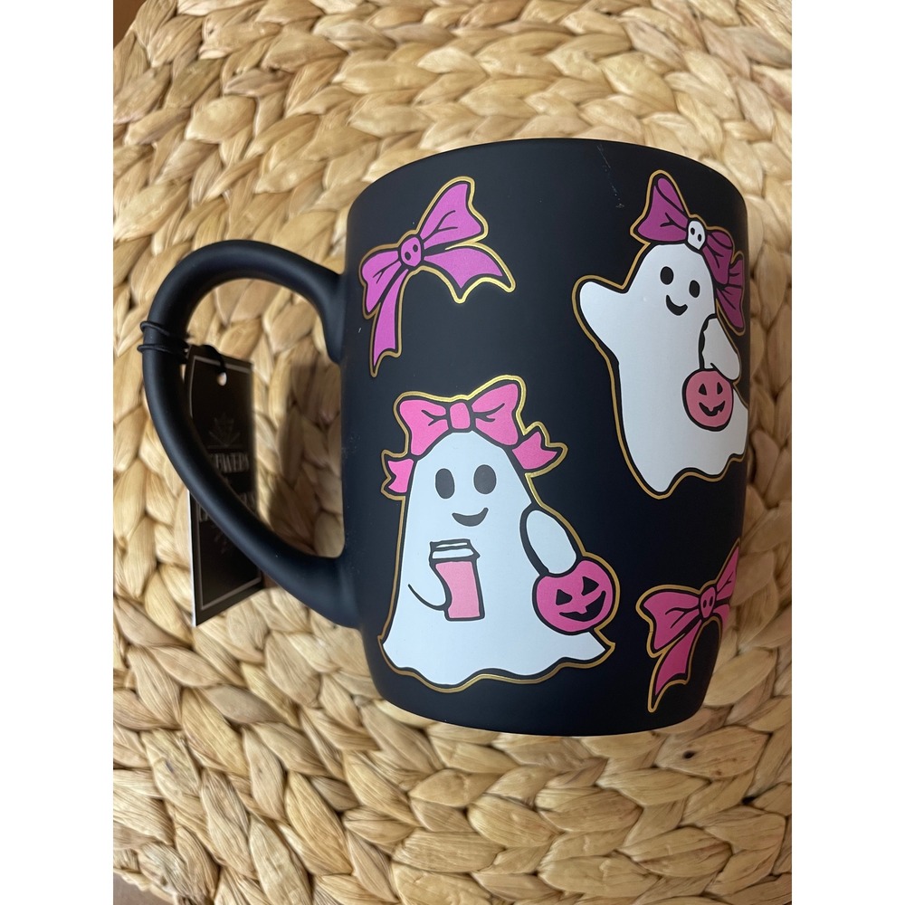 Cobwebs & Cauldrons Pink Bow Ghost Halloween Mug Matte Black Coquette Pinkoween